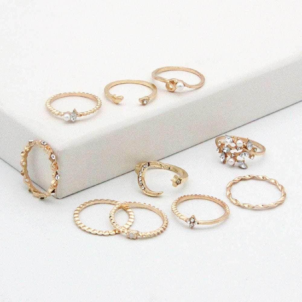 Bohemian Moon & Star Ring Set – 10-Piece Gold Look - ZA-Zola