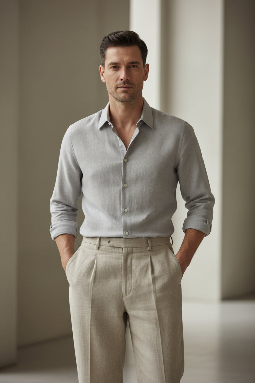 Man wearing a Gray shirt and beige pants with a blurred background