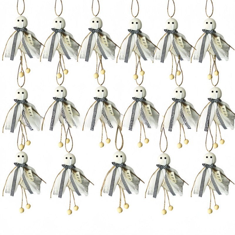 A set of 15 small hanging ghost ornaments arranged in three rows on a plain white background. Each ornament has a round white head with black eyes, a cream-colored dress, a black-and-white gingham ribbon around the neck, and dangling tan string with small beige beads.