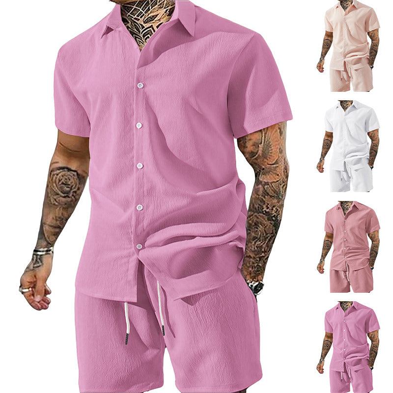 Pink short-sleeve shirt and shorts set with multiple color options displayed.