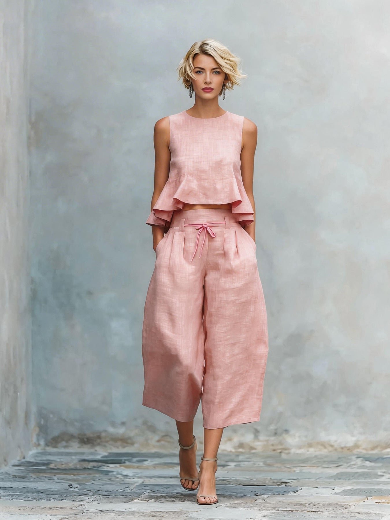 Woman wearing a pink outfit against a textured gray background