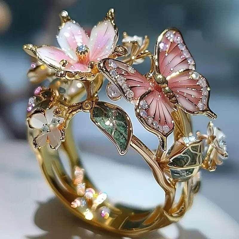 Butterfly Flower Ring | Rhinestone Open Band Jewelry - ZA-Zola