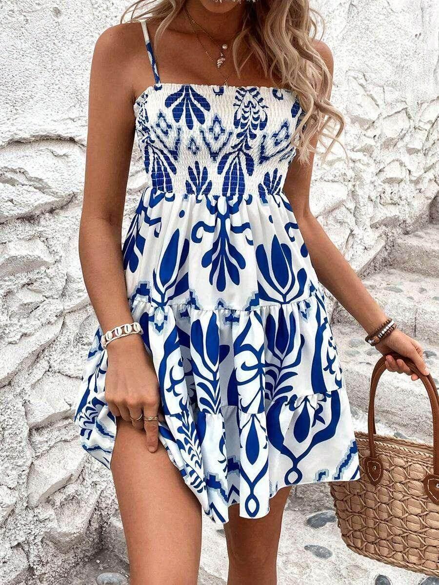 Women's Fashion Plant Print Gathered Cami Dress - ZA-Zola