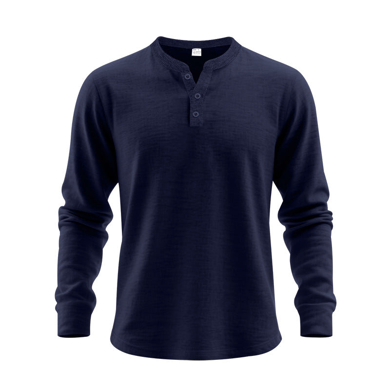 Navy blue long-sleeve henley shirt on a white background