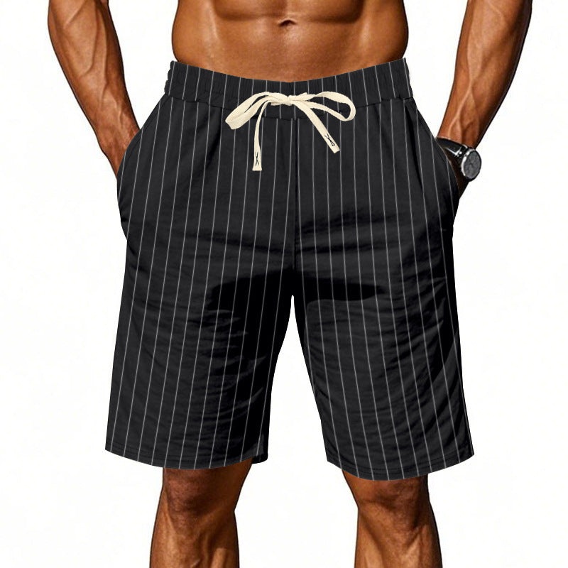 Black pinstripe shorts with a white drawstring on a white background