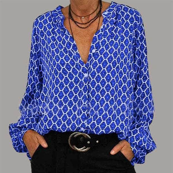 Lozenge V-Neck Shirt – Loose Fit Casual Elegance - ZA-Zola