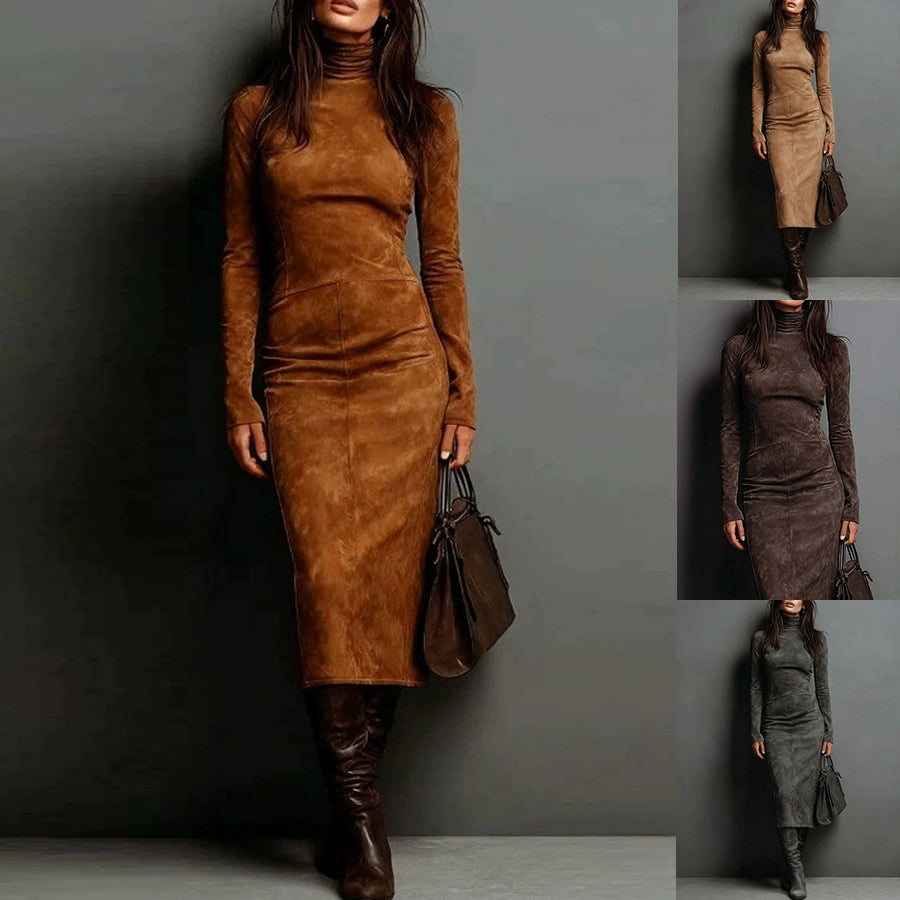 Woman wearing a brown suede dress and boots against a gray background