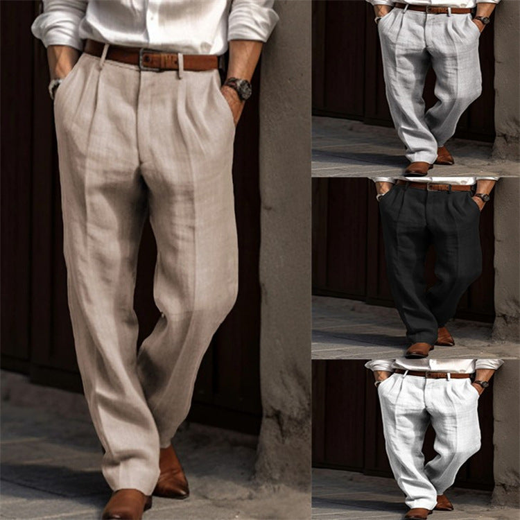 Collage of a person wearing different styles of pleated pants in various settings.