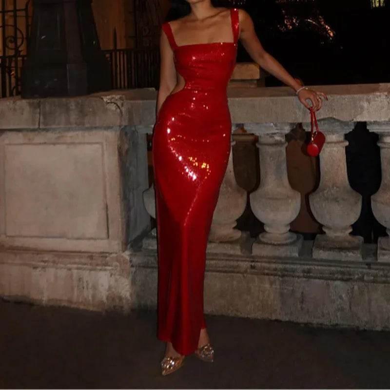 Sequin Sling Square Collar Backless Party Dress - ZA-Zola