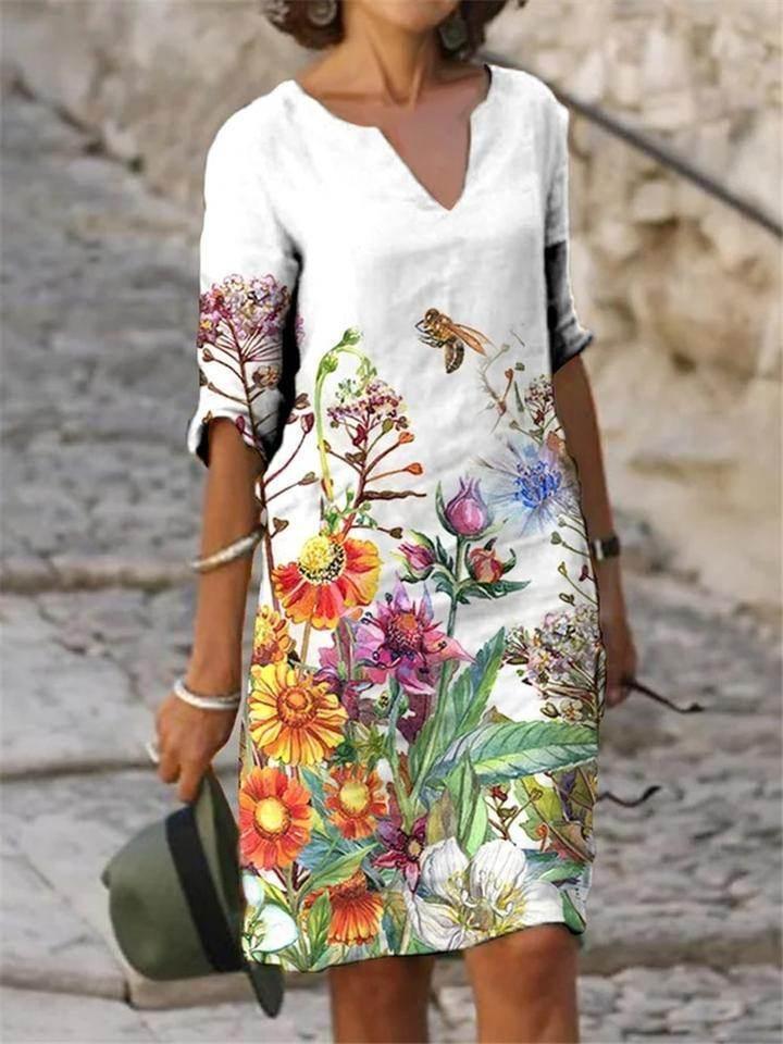 Retro Floral V-Neck Dress – Loose & Breezy Style - ZA-Zola