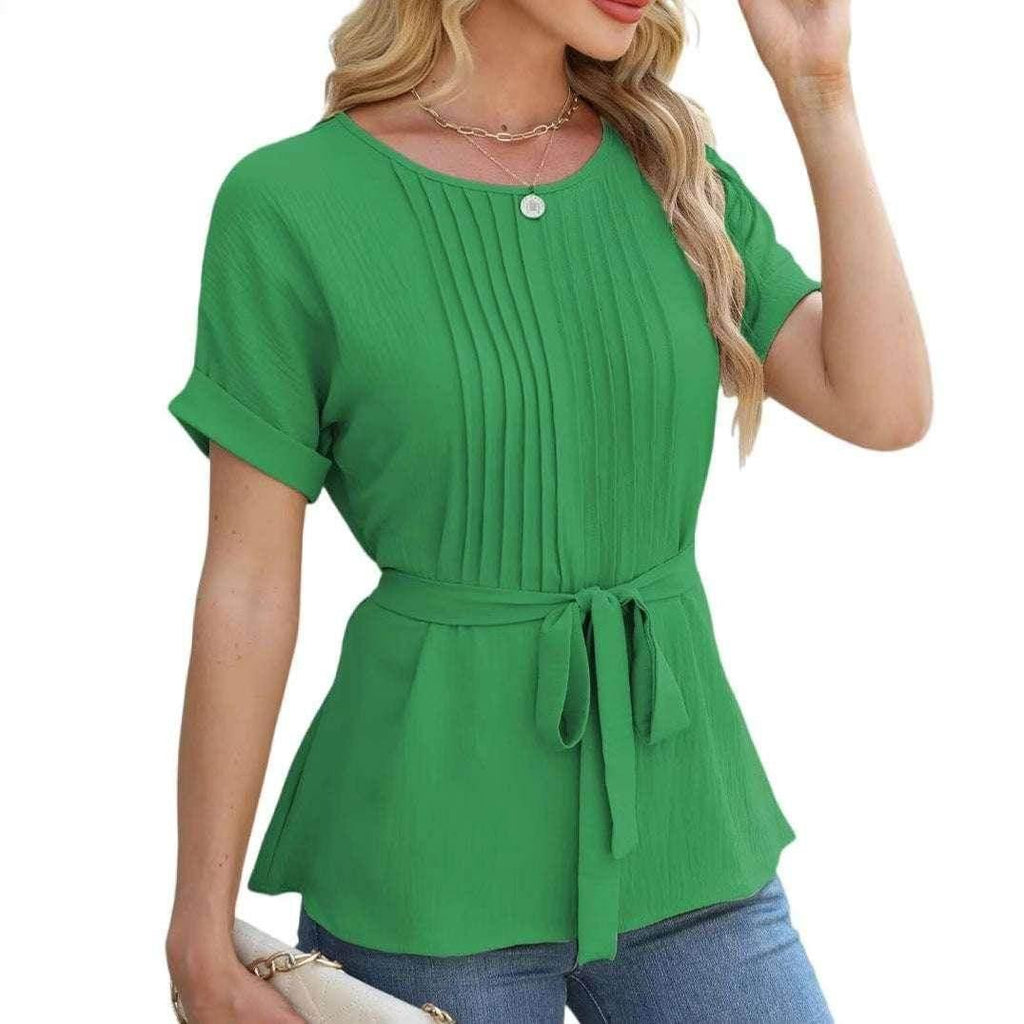 Ruffled Pleated Round Neck Short Sleeve Shirt - ZA-Zola