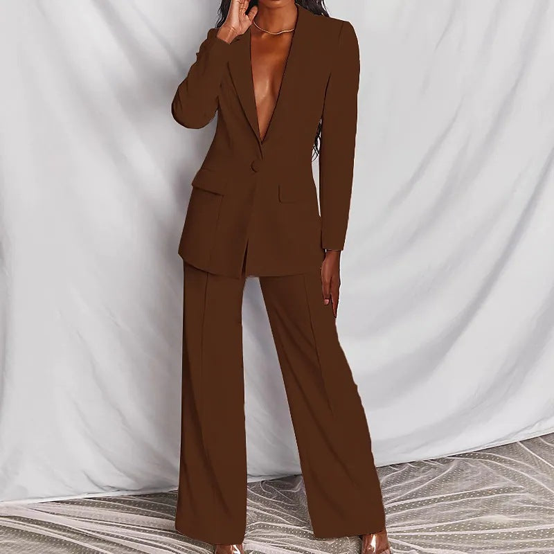 Brown suit worn by a person on a white background