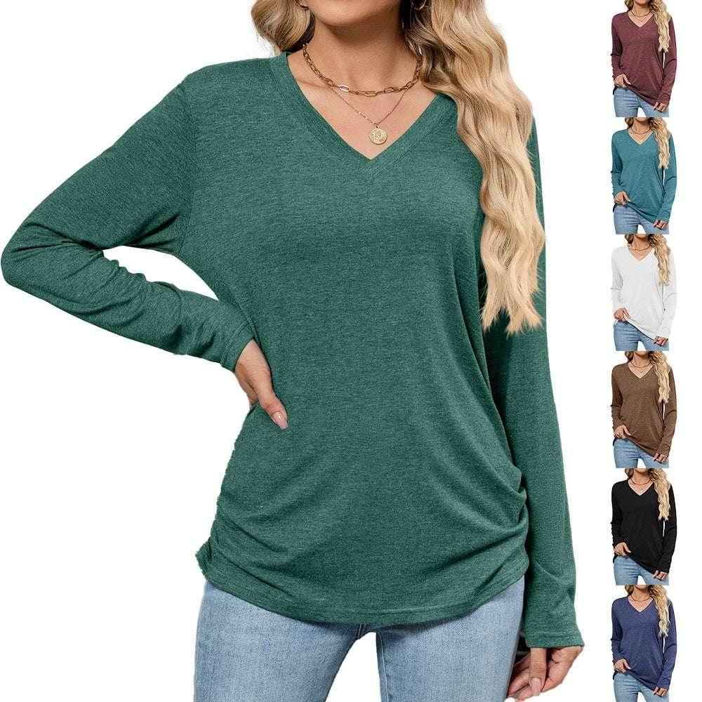 Loose V-Neck Pullover Long Sleeve T-Shirt - ZA-Zola