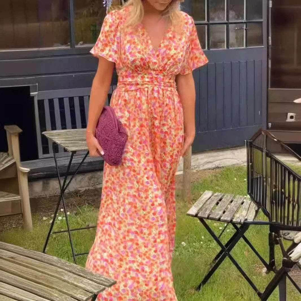 Floral V-Neck Waist Dress – Flowy & Feminine Fit - ZA-Zola