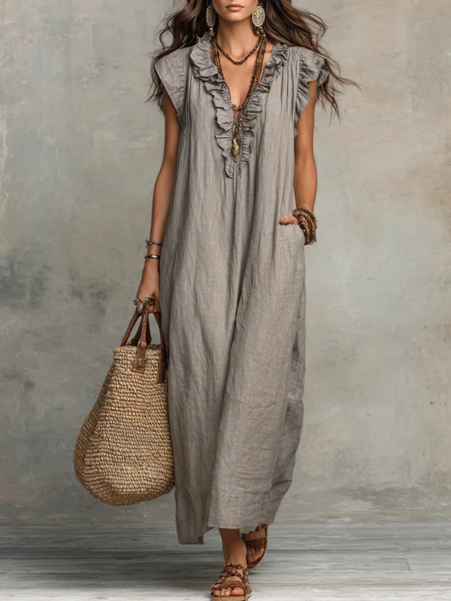 Woman wearing a long gray dress holding a woven bag against a neutral background