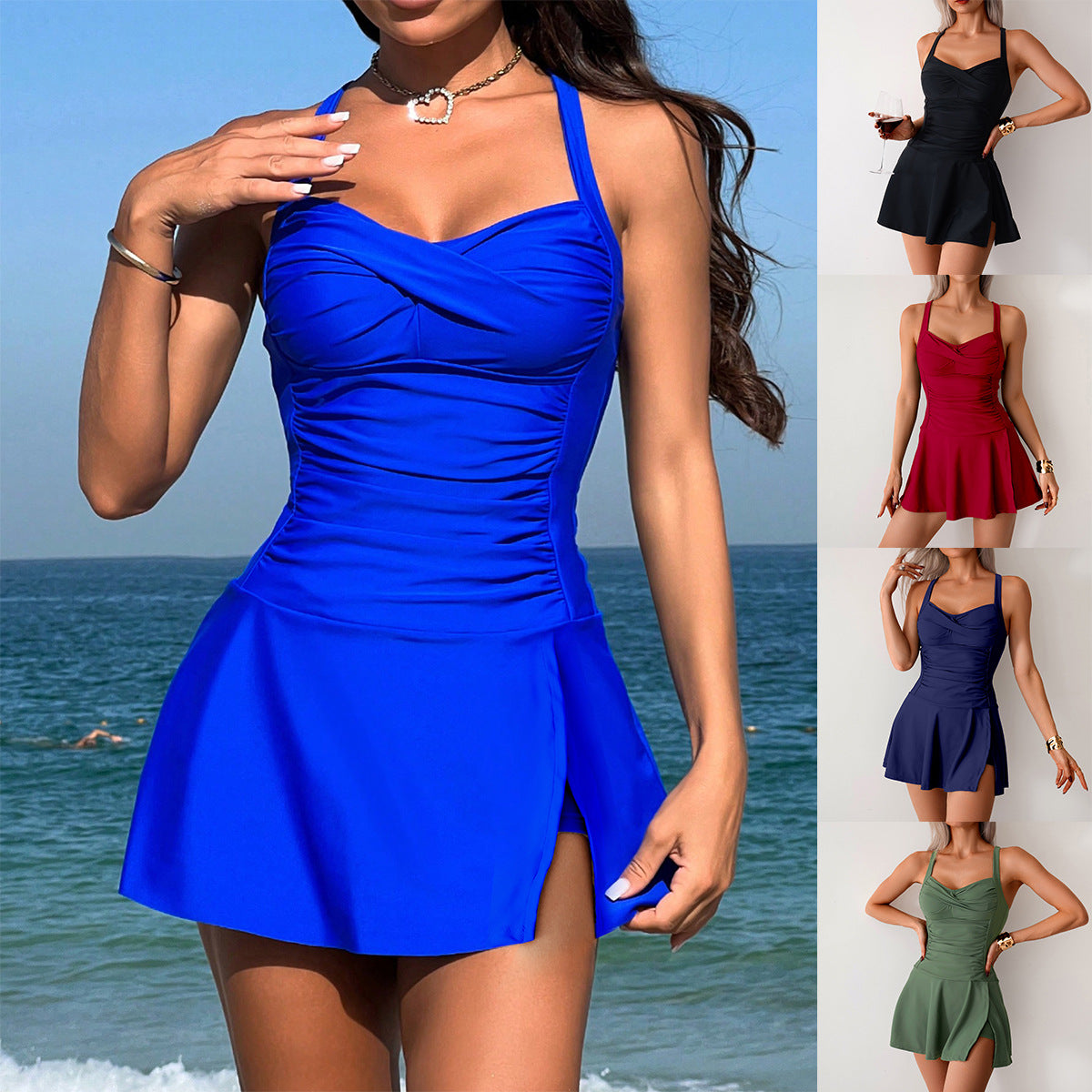 Woman wearing a blue swimsuit with ocean view and additional images of other swimsuits.