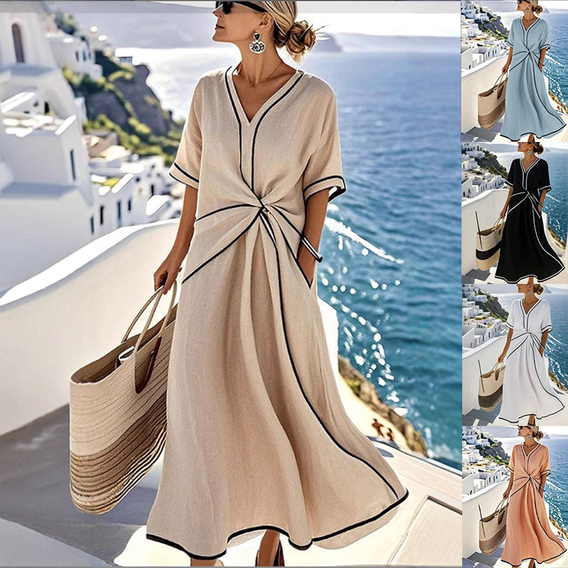 Women’s Summer Striped Print Short Sleeve Casual Beach Maxi Dress