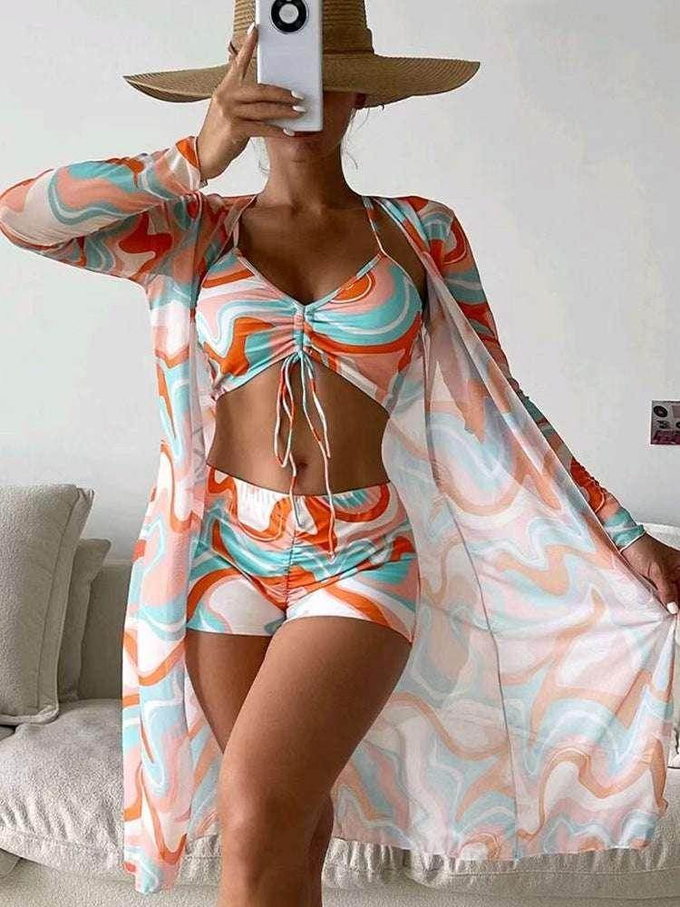 Floral Bikini Set with Long Sleeve Cardigan | ZA-Zola - ZA-Zola