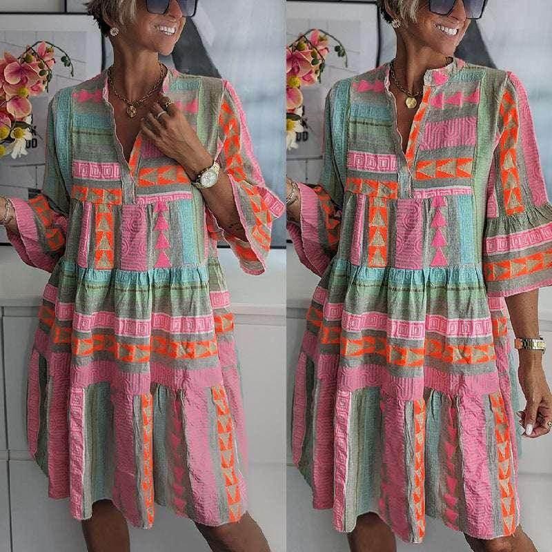 Printed V-Neck Cotton Linen Dress – Autumn Style - ZA-Zola