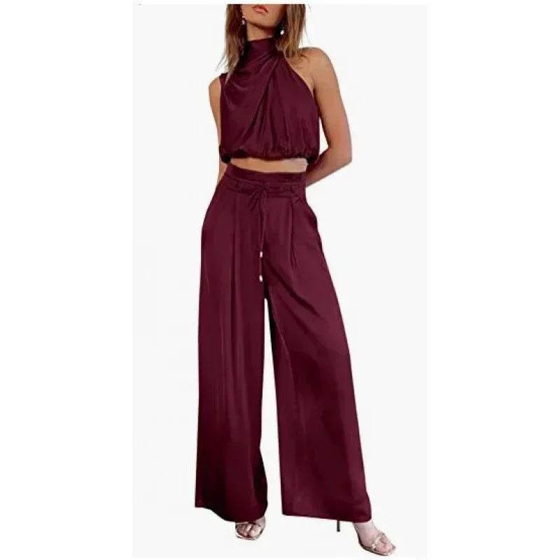 Trendy burgundy halter crop top and wide-leg pants set from ZA-Zola United Kingdom fashion