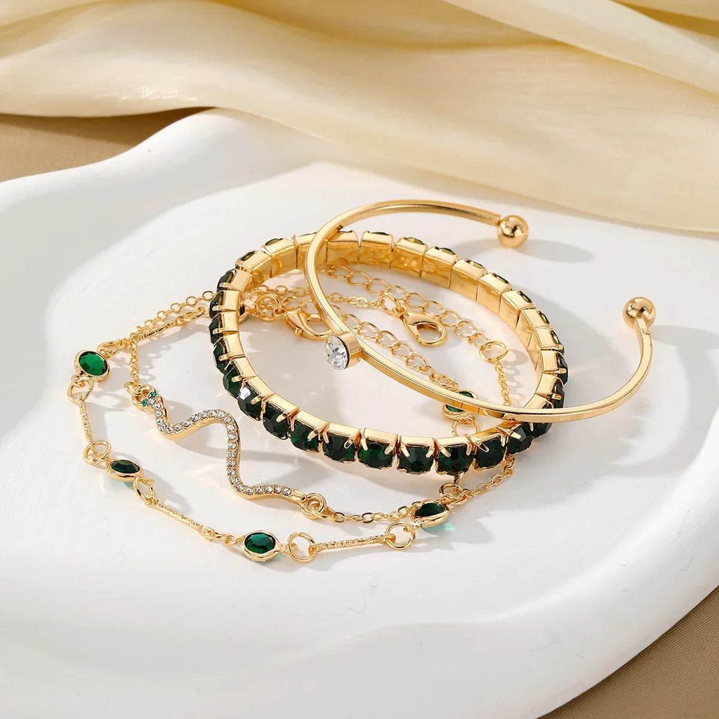 Green Diamond Stretch Bracelet Set | 4-Piece Elegant Jewelry - ZA-Zola
