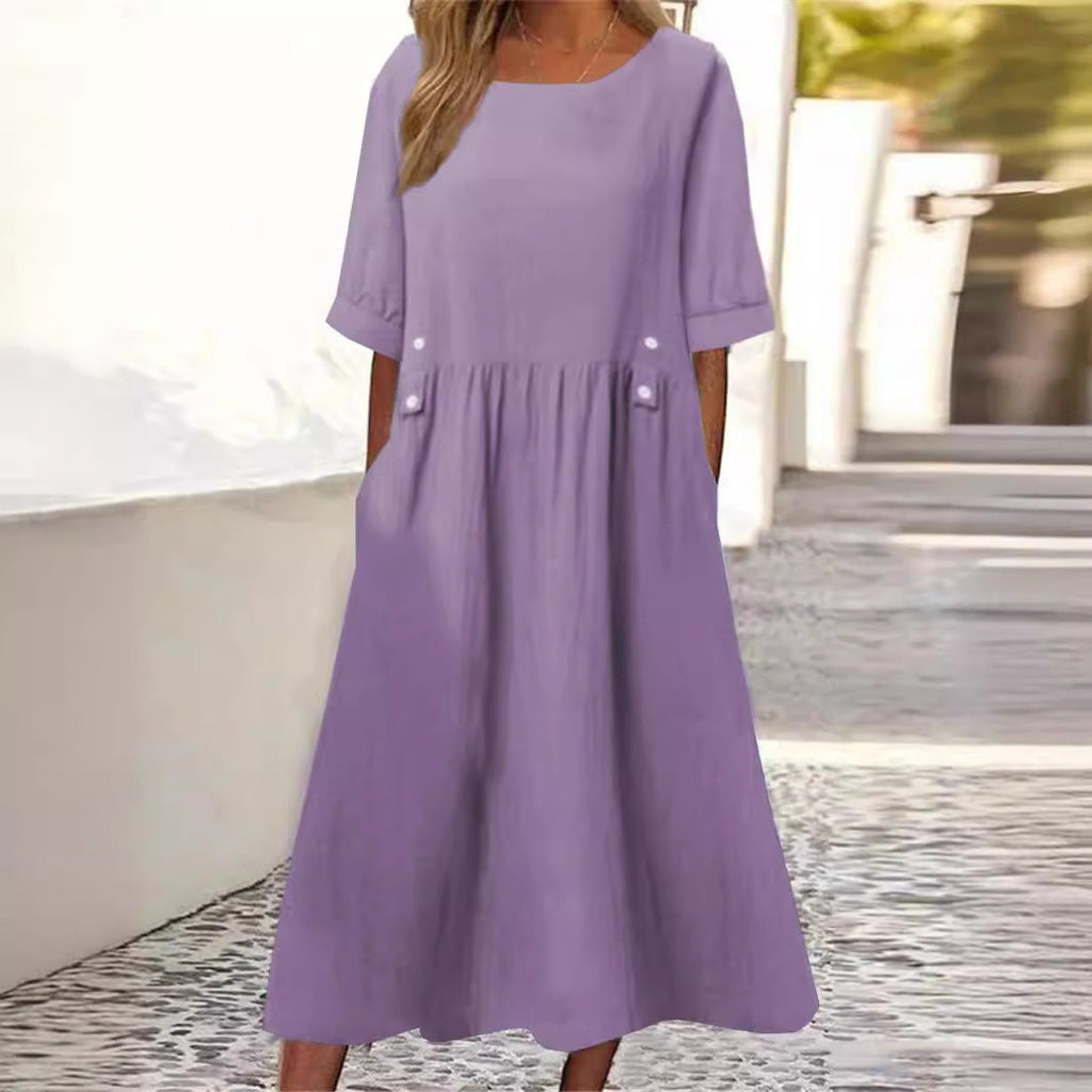 Women’s Casual Cotton Linen Short Sleeve Pocket Dress