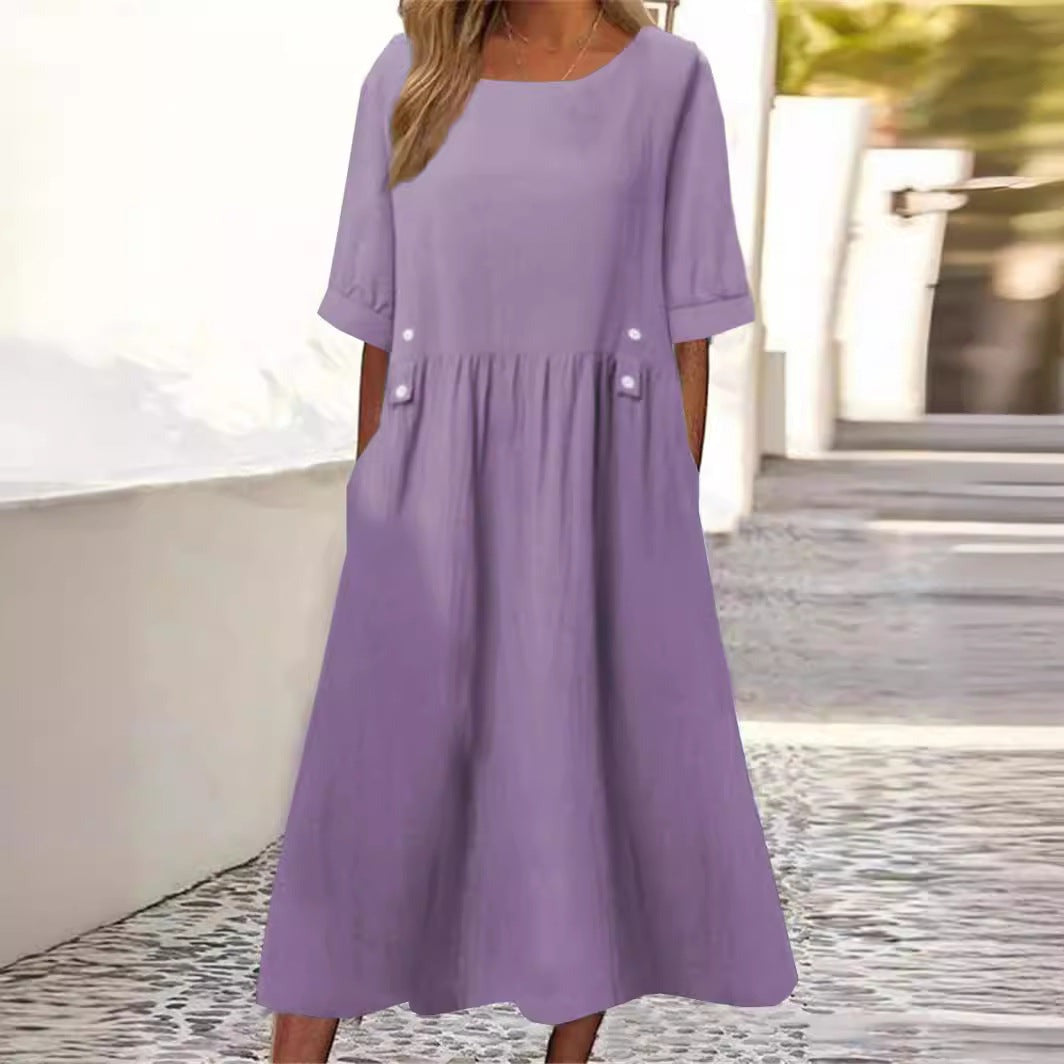 Women’s Casual Cotton Linen Short Sleeve Pocket Dress