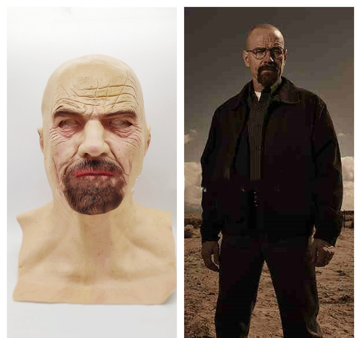 Side-by-side comparison of a silicone mask and a person in a dark outfit with glasses.