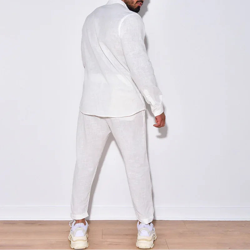 Men Linen Lounge Suit Long Sleeve Shirt & Trousers - ZA-Zola