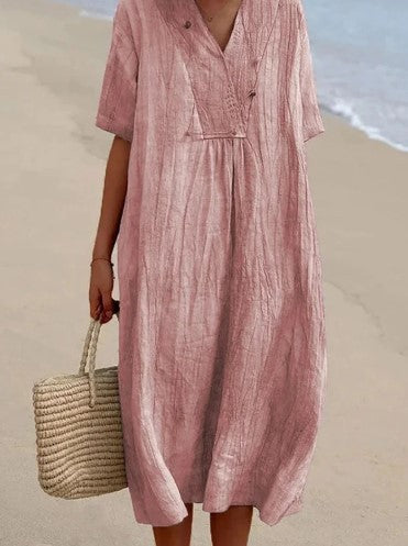 Women Cotton Linen V Neck Solid Color Long Dress Casual Summer Fashion Dress