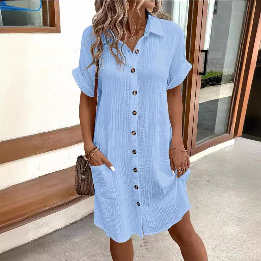 Summer Short Sleeve Shirt Dress Women Solid Color Mid-Length Loose Fit Dress