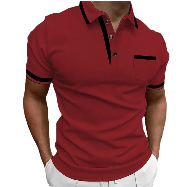 Red polo shirt with black accents on a white background