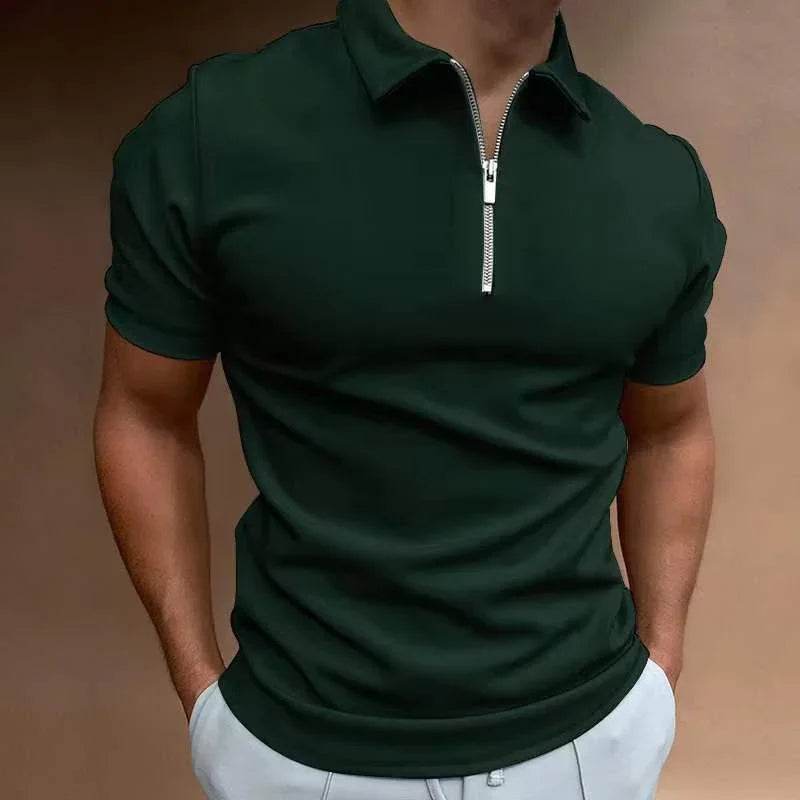 Men's dark green zip polo shirt, short sleeves, modern fit, ZA-Zola UK fashion