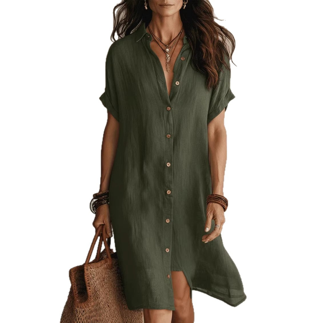 Women's Short Sleeve Buttoned Midi Shirt Dress – Casual Polyester Fashion Dress