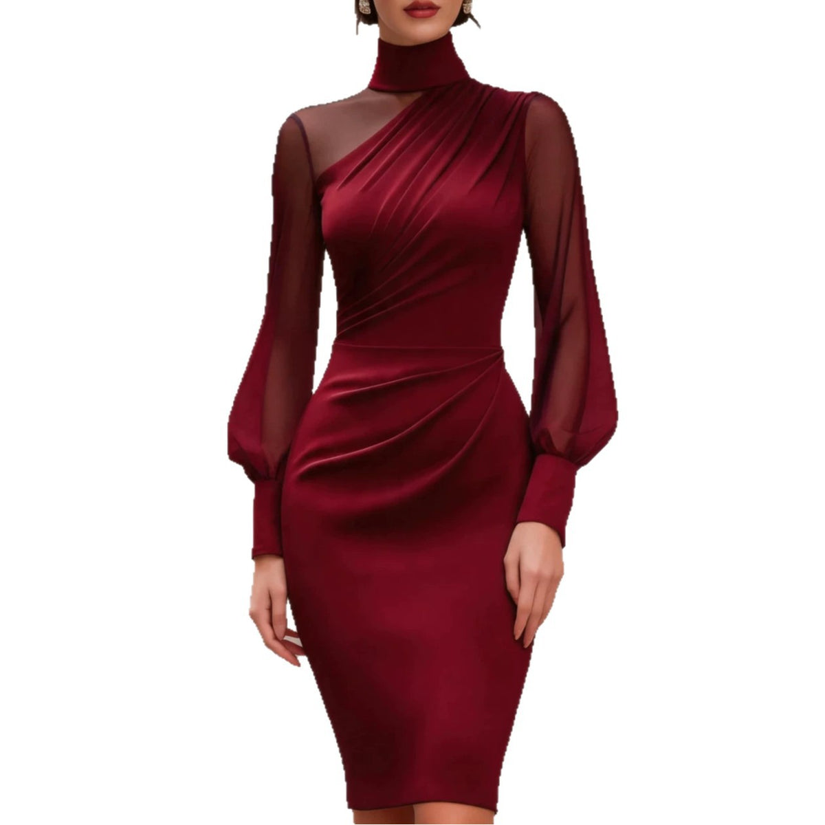 Red dress with sheer sleeves on a white background