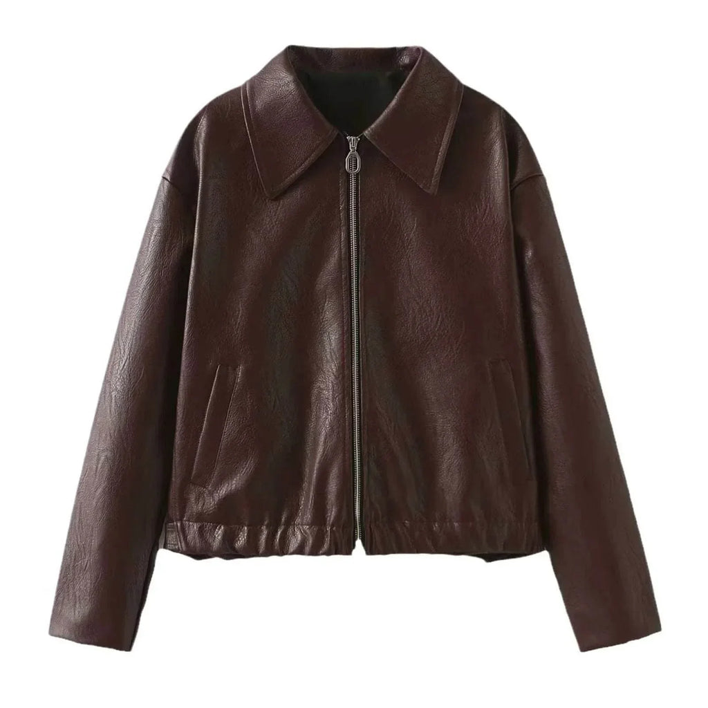 Shop Solid Color Lapel Zipper Jacket for Women | Casual Leather Coat - ZA-Zola