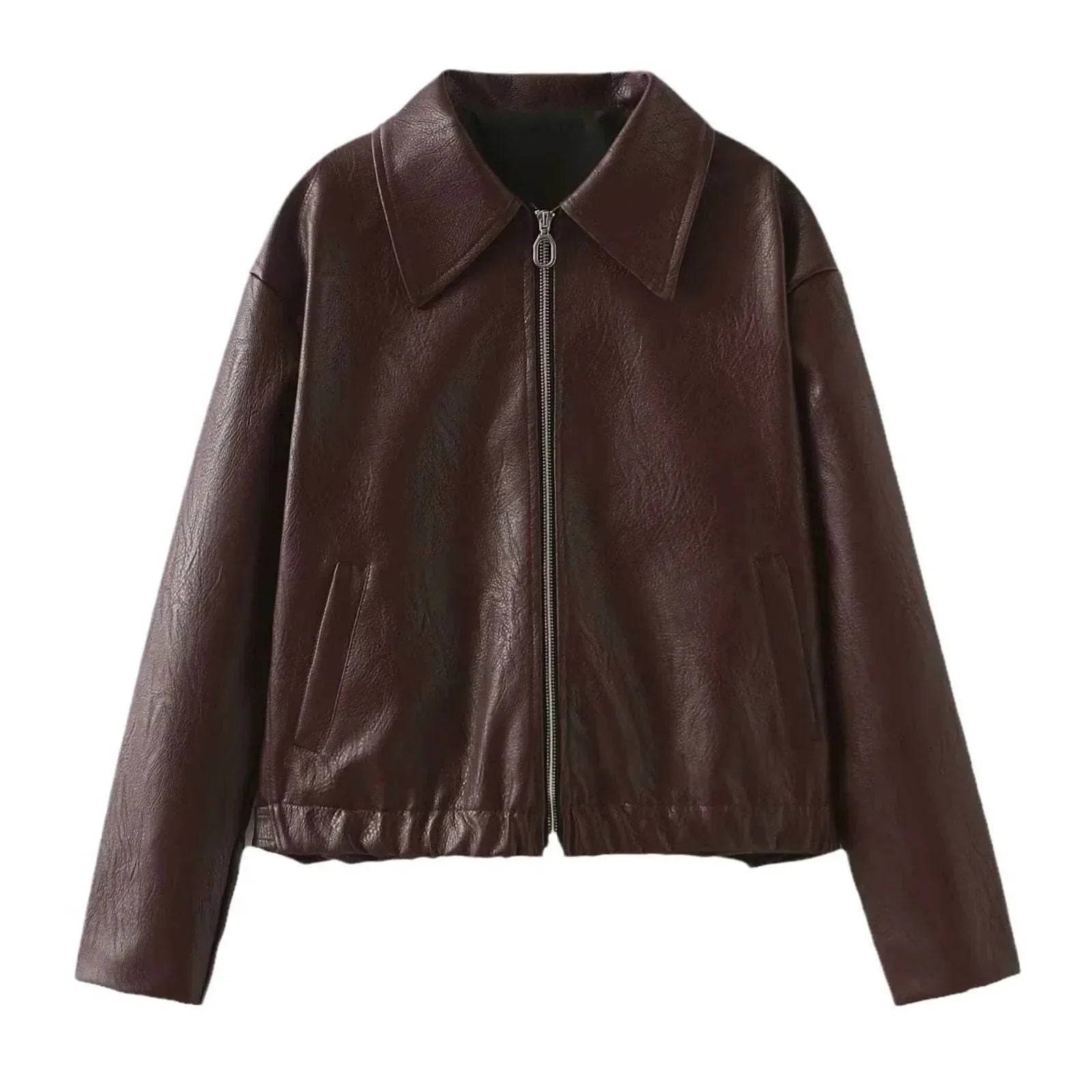 Shop Solid Color Lapel Zipper Jacket for Women | Casual Leather Coat - ZA-Zola
