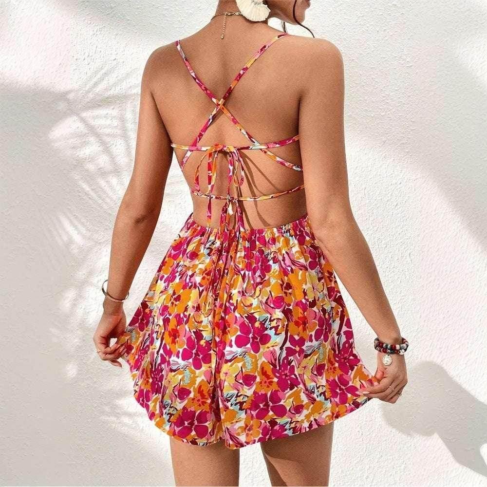 Women's Floral Print Lace-Up Back Dress – Summer Holiday Style - ZA-Zola