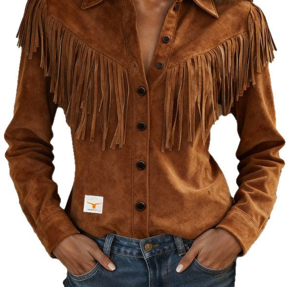 Brown suede fringe jacket with a visible brand logo on a white background