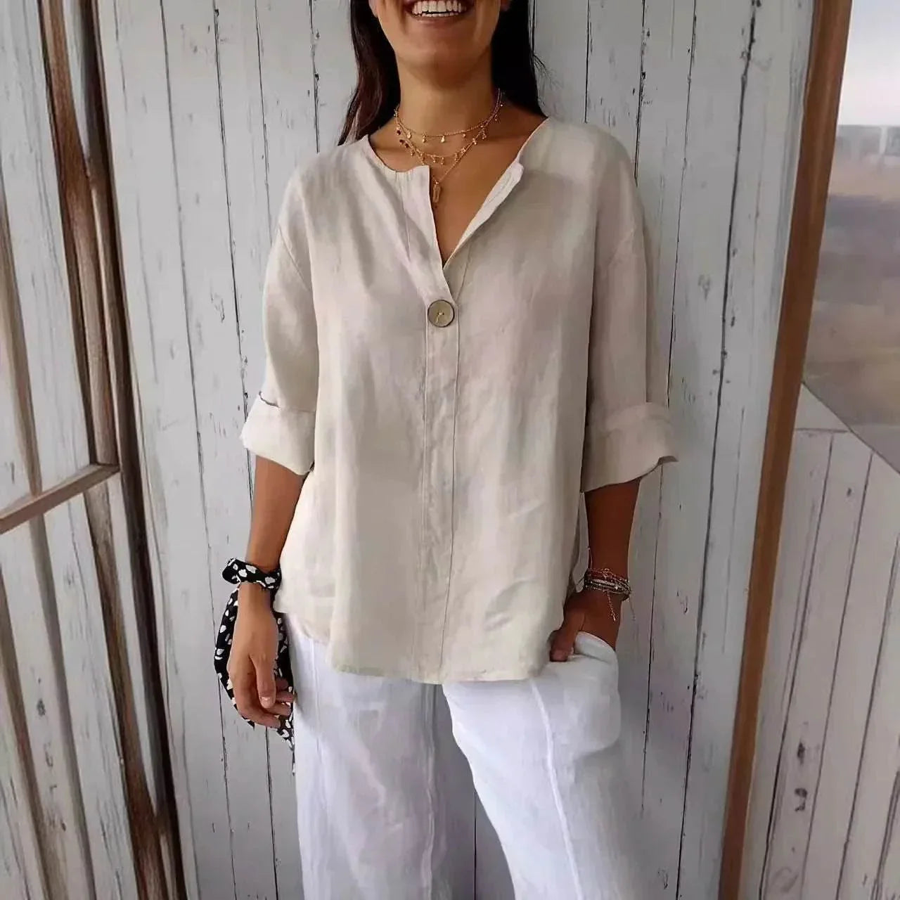 Loose Cotton Linen V-Neck Button Top for Women - ZA-Zola
