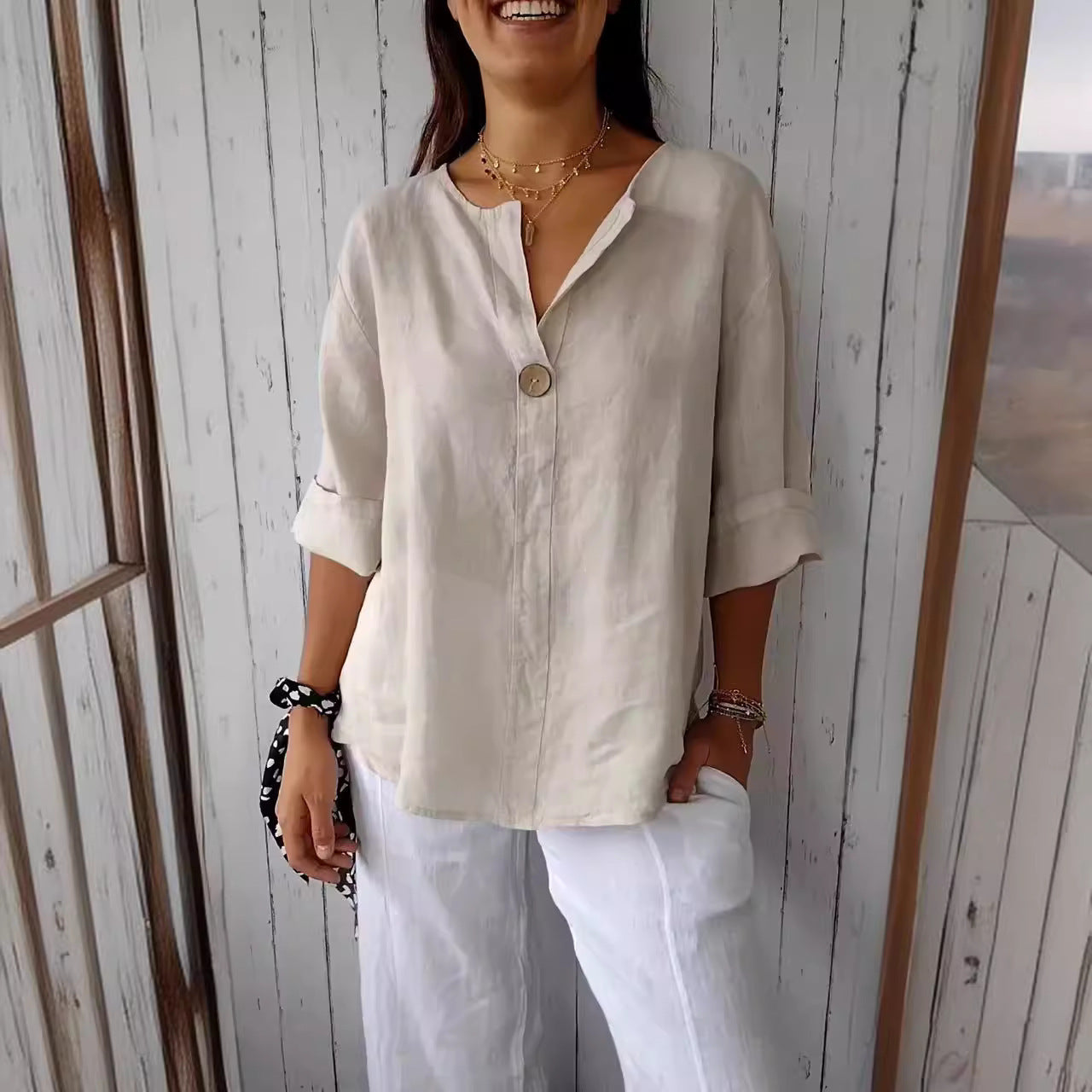 V-Neck Long Sleeve Cotton Linen Button Top Women
