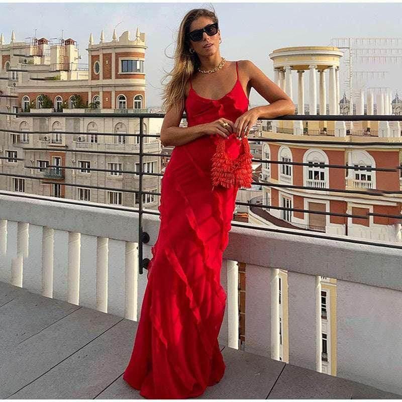 Chiffon V-Neck Long Suspender Dress with Ruffle Detail - ZA-Zola