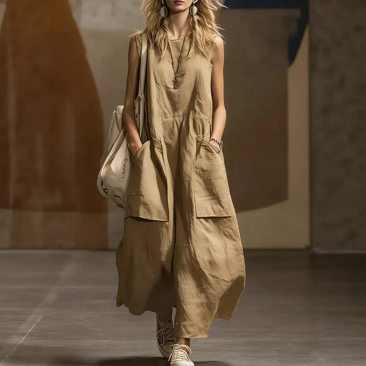 Woman wearing a beige sleeveless jumpsuit holding a white bag in an indoor setting.