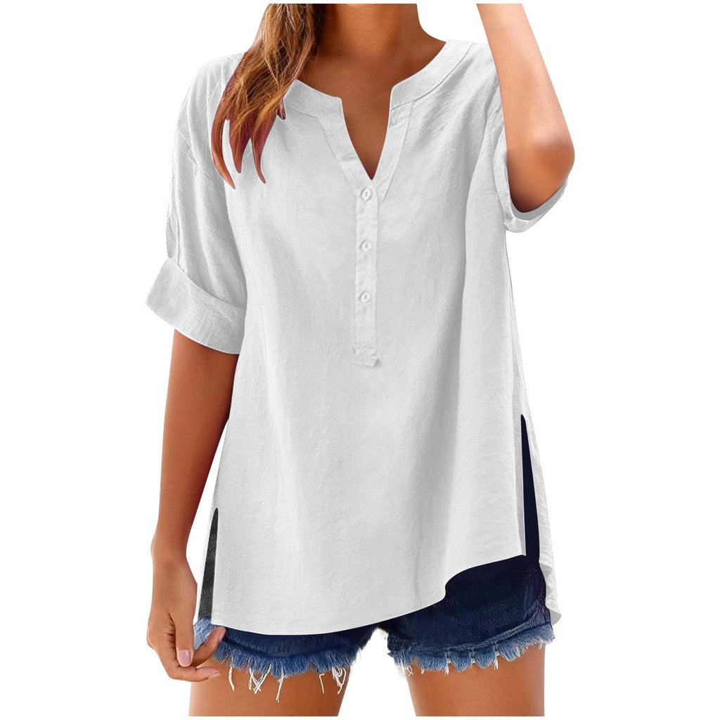 White short-sleeve shirt worn by a person on a white background