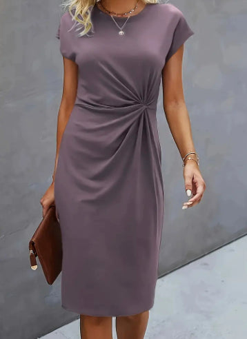 Women's Casual Front Knot Round Neck Midi Bodycon Dress