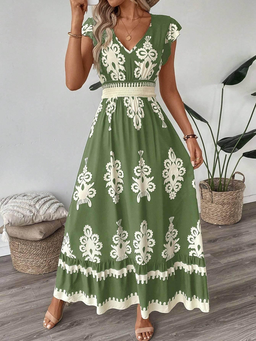 Printed Ruffle Hem Cami Maxi Dress – Loose Fit - ZA-Zola