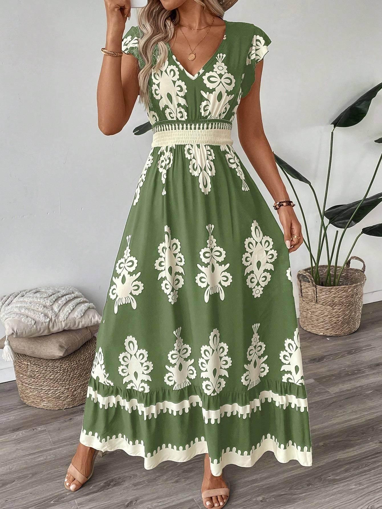 Printed Ruffle Hem Cami Maxi Dress – Loose Fit - ZA-Zola