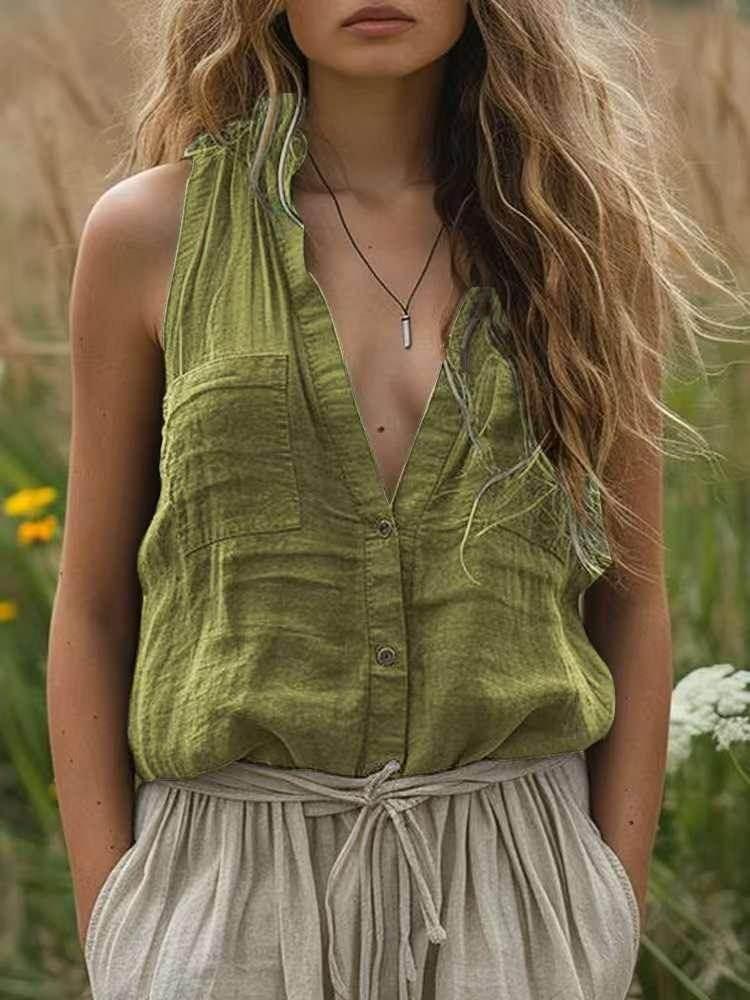 Loose Cotton Linen V-Neck Vest with Pockets - ZA-Zola