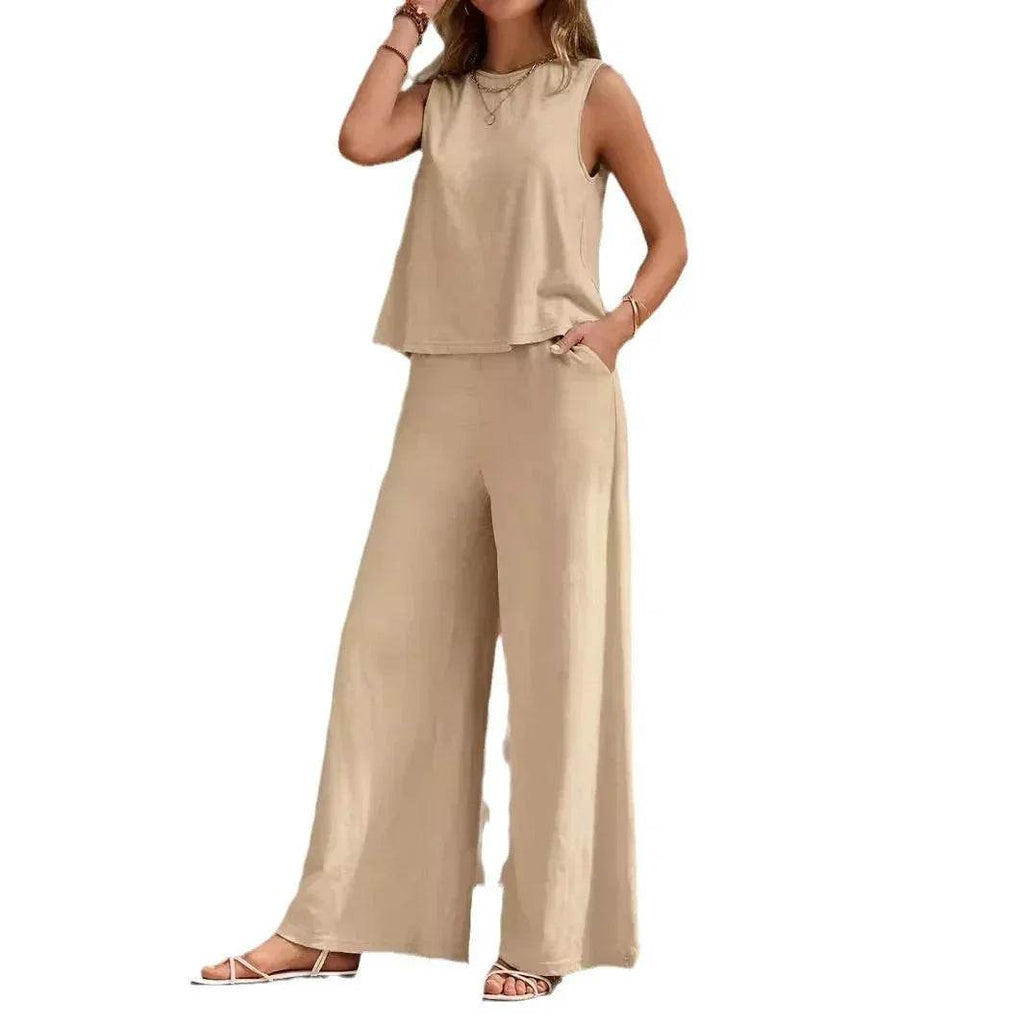 Woman in beige sleeveless top and wide-leg pants from ZA-Zola, stylish summer fashion