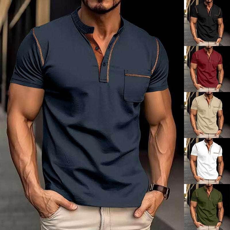 ZA-Zola men's short sleeve henley shirts in navy, black, red, beige, white, and green, street style.
